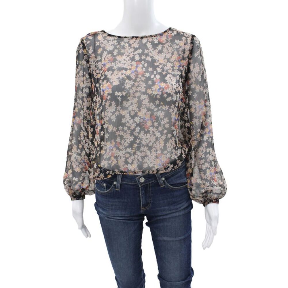 MNG Casual Women Bohemian Black Floral Round Neck Long Sleeve Blouse Size 2